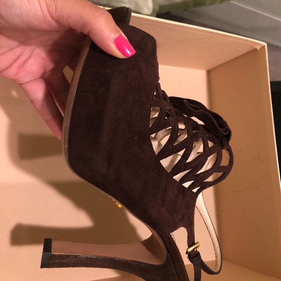 Prada Brown Suede Lace-Up Style Heeled Sandal - Picture 6 of 8